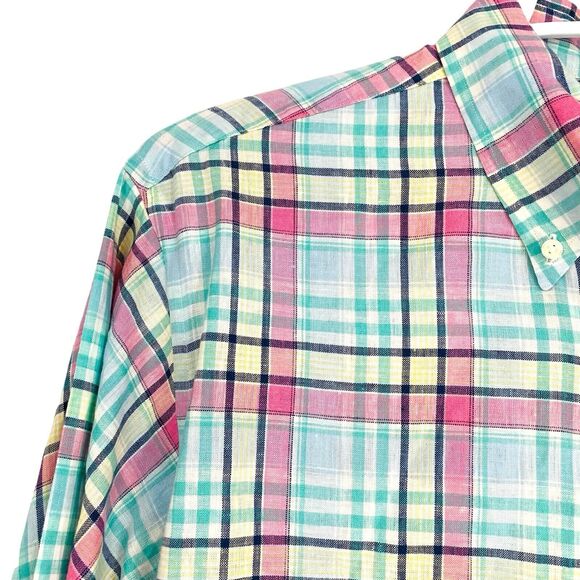 Brooks Brothers Shirt Mens XL Green Pink Plaid Irish Linen Button Up Extra Large - Picture 4 of 10